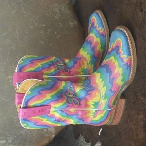 TIN HAUL "Neon Melt"  💙 💛 🧡 🩷 💚 leather cowgirl boots square toe sz 6.5 EUC